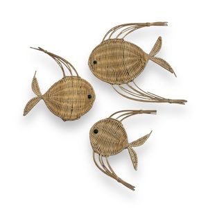 Vintage 1970s Set of 3 Wicker Angel Fish Boho Beach Decor Nautical Coastal